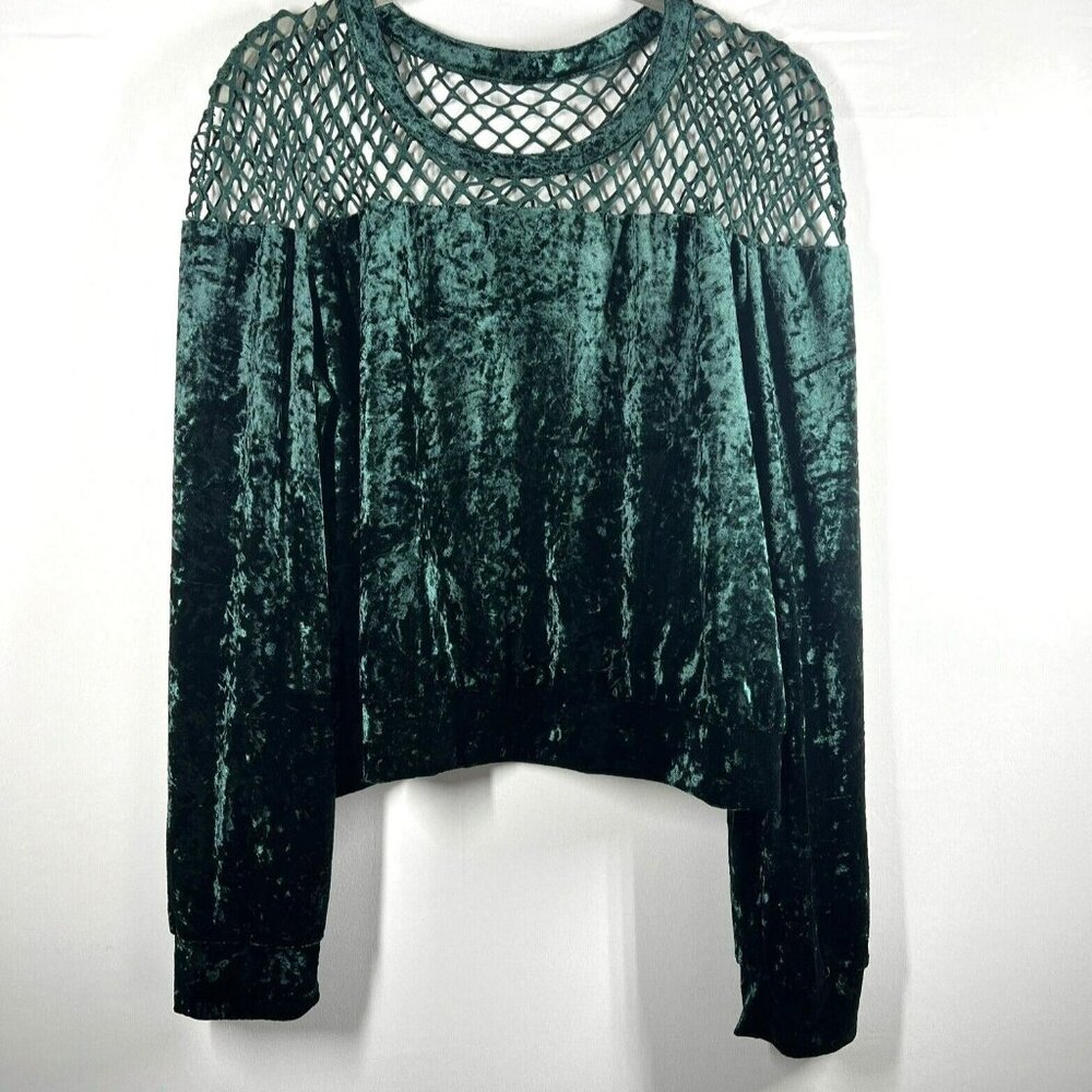 Ganji LA Women Green Crushed Velvet Cropped Top Netting Long Sleeve GT11416 L